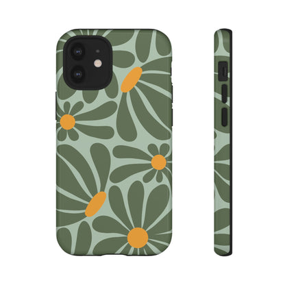 iPhone 12 Mini / Glossy Phone Case - Retro Green Daisy Pattern Phone Case