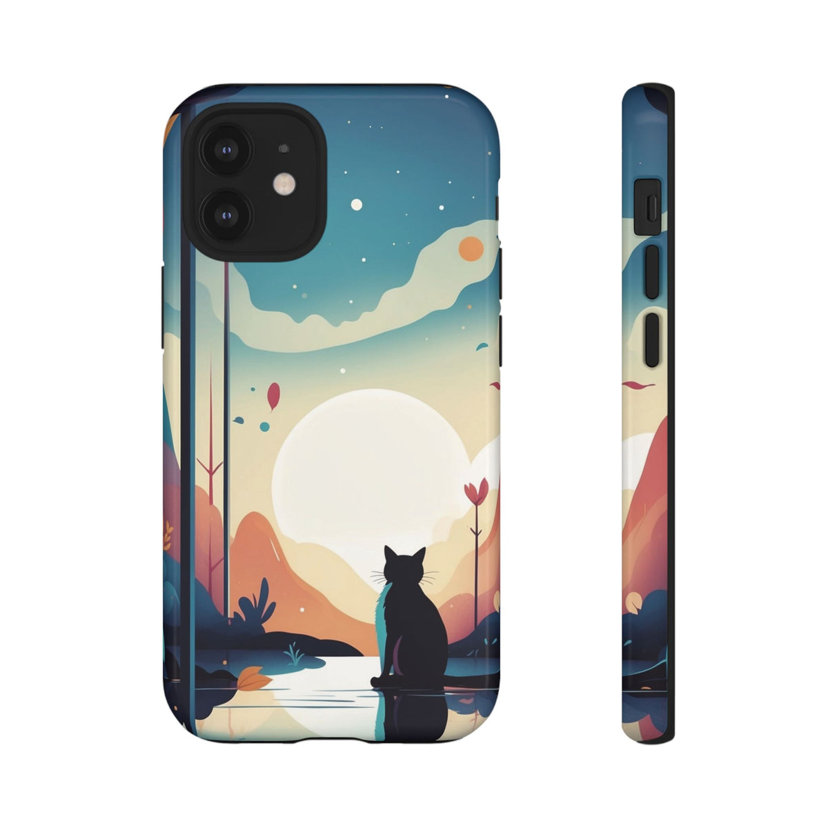 Stylised Cat & Moon Design Phone Case - Multicolor Phone Case - iPhone 12 Mini / Glossy