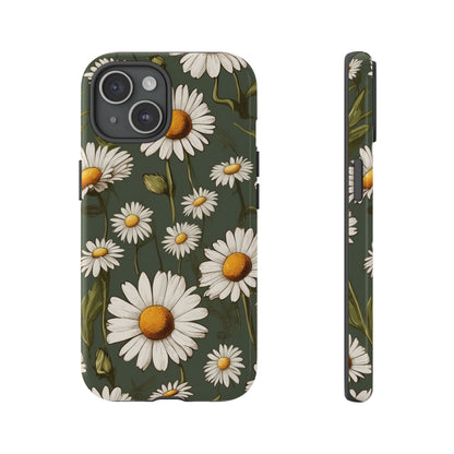 iPhone 15 / Glossy Phone Case - Boho Chic Daisies Floral Pattern ’White & Green’ Phone Case