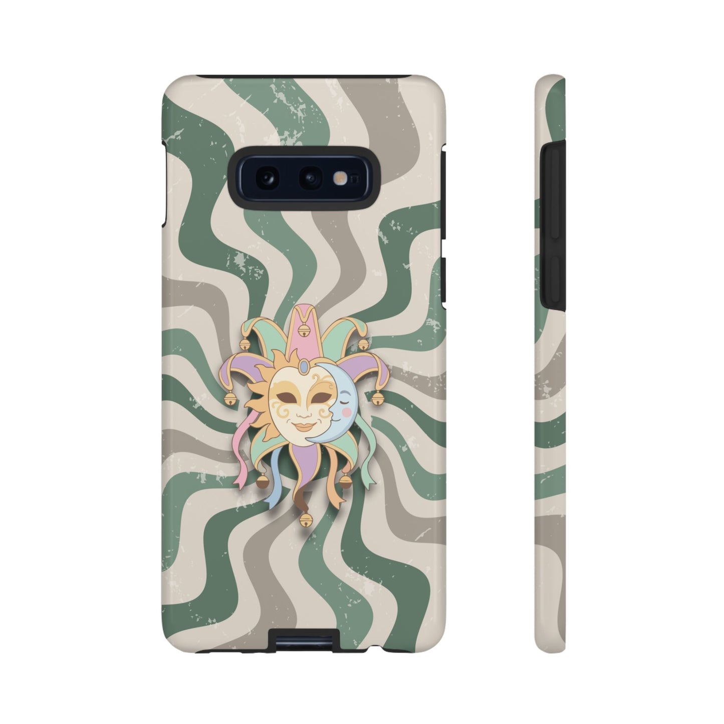 Samsung Galaxy S10E / Glossy Phone Case - Sun & Moon Jester Mask – Green Retro Wave Phone Case