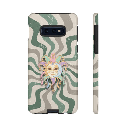 Samsung Galaxy S10E / Glossy Phone Case - Sun & Moon Jester Mask – Green Retro Wave Phone Case