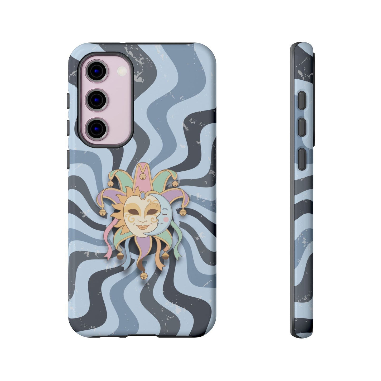 Samsung Galaxy S23 Plus / Glossy Phone Case - Sun & Moon Jester Mask – Blue Retro Wave Phone Case