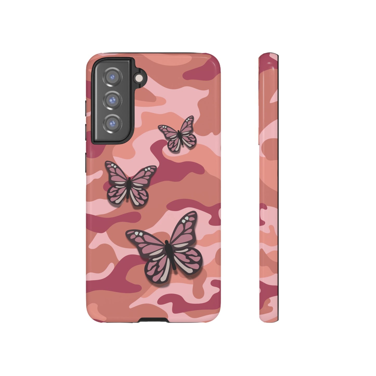 Samsung Galaxy S21 FE / Glossy Phone Case - Pink Butterfly Camo Phone Case