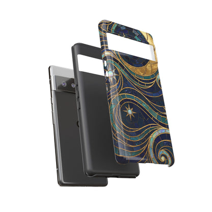 Elegant Navy & Gold Crescent Moon Mosaic Phone Case