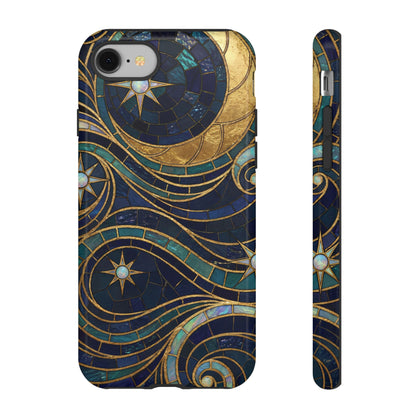 Elegant Navy & Gold Crescent Moon Mosaic Phone Case