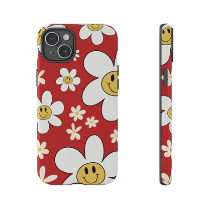 iPhone 15 Plus / Glossy Phone Case - Fun Retro Daisy Pattern with Red Background Phone Case
