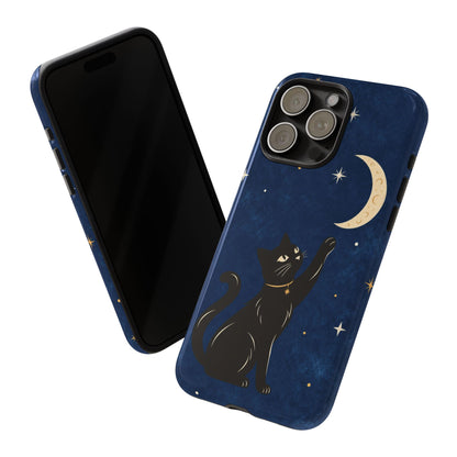 Whimsical Navy Blue Celestial Black Cat Phone Case