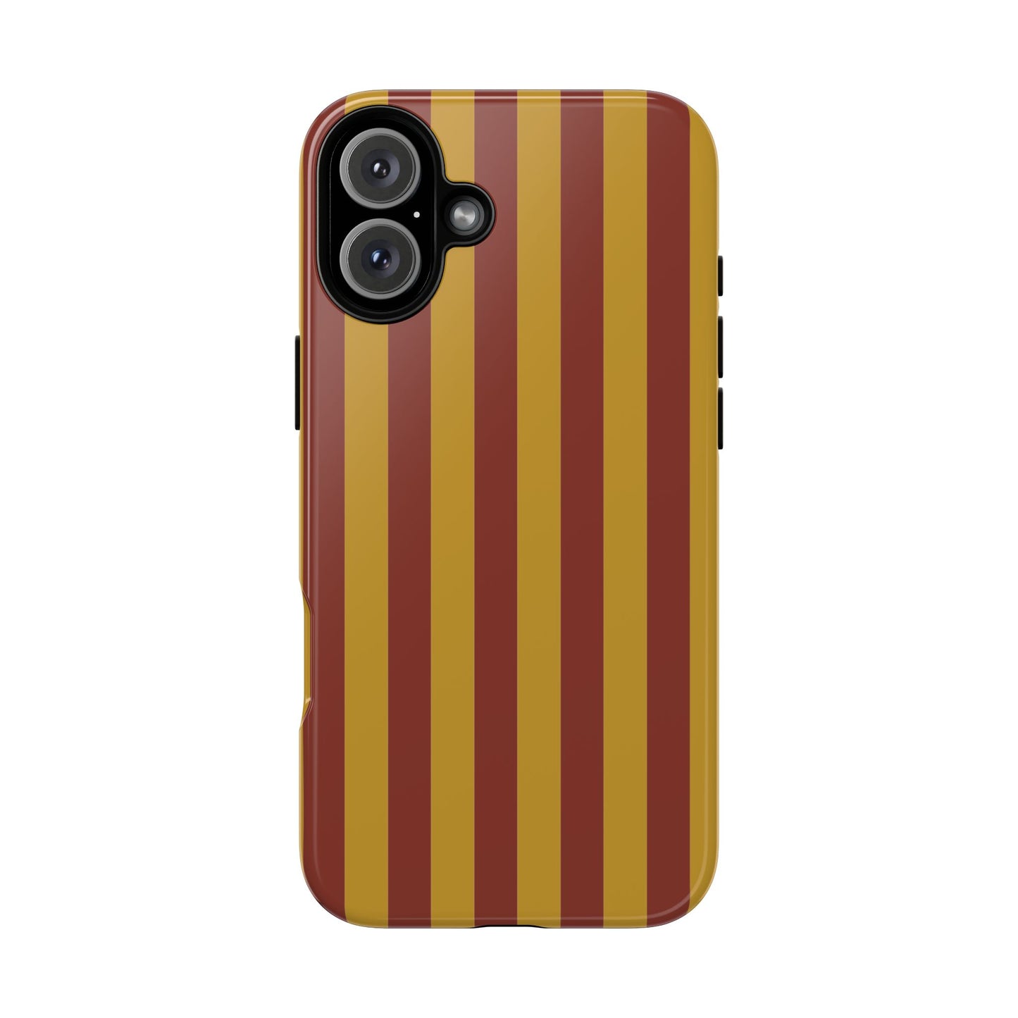 iPhone 16 Plus / Glossy Phone Case - Trendy Mustard & Burgandy Stripe Pattern Phone Case