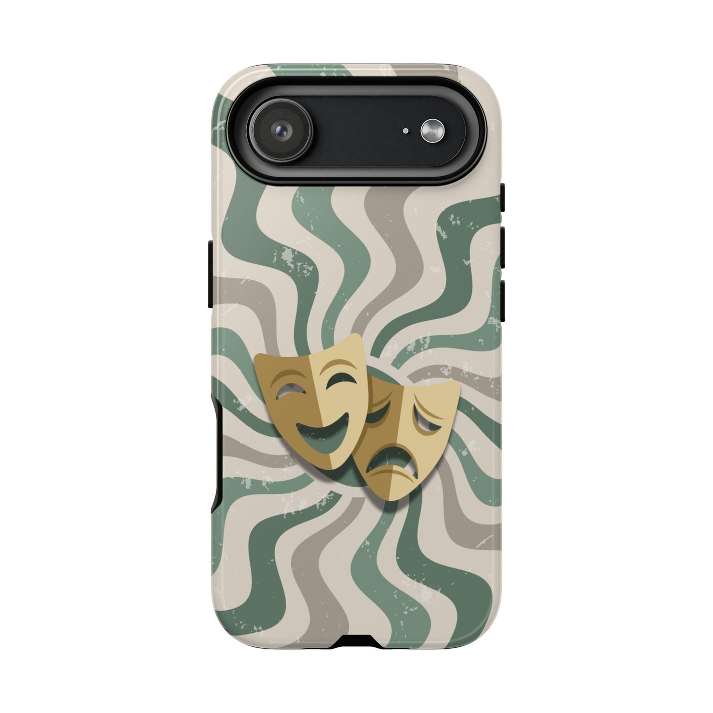 iPhone 17 Air / Glossy Phone Case - Comedy & Tragedy Masks – Green Minimal Retro Wave Phone Case