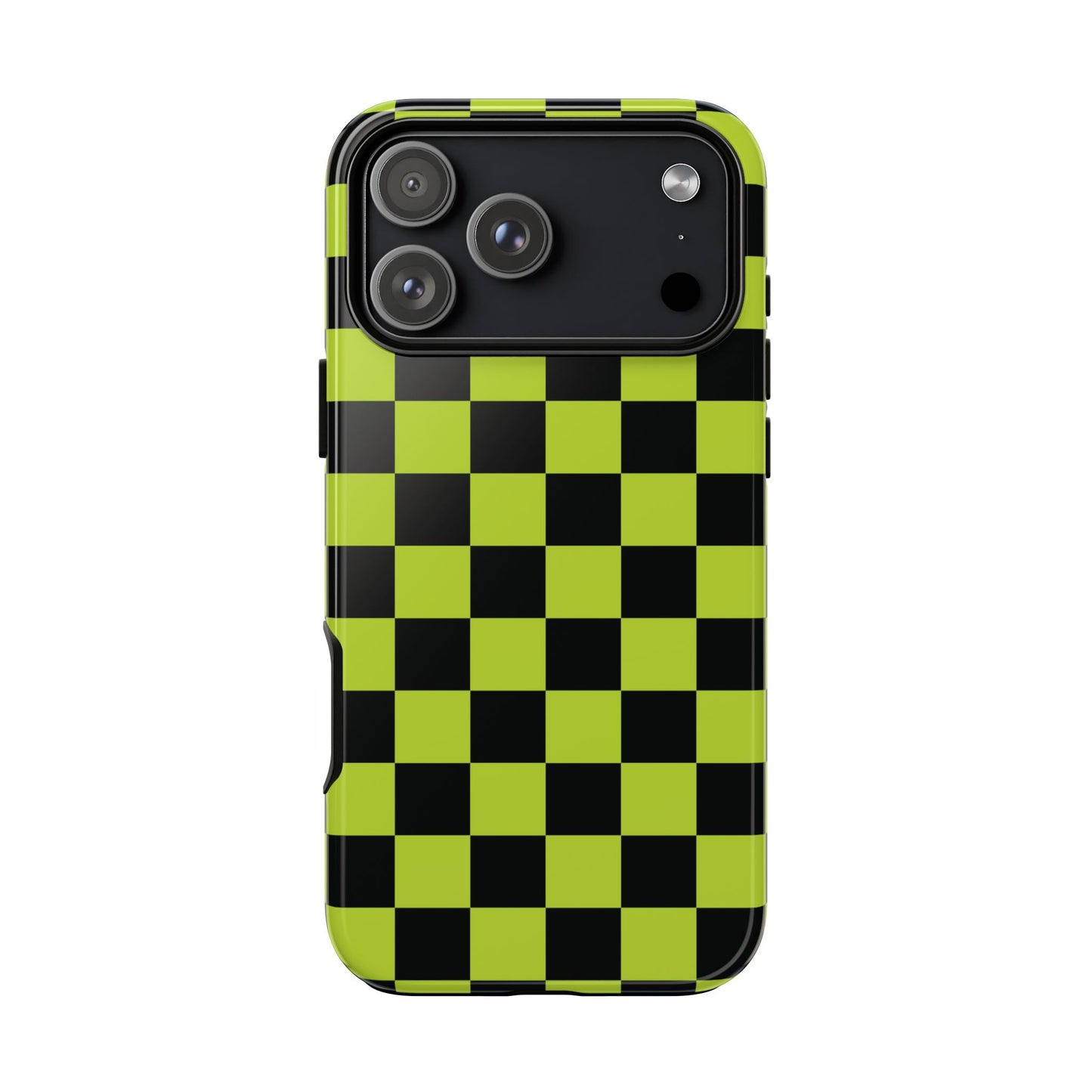 iPhone 17 Pro Max / Glossy Phone Case - Trendy Neon Lime Green & Black Checked Pattern Phone Case
