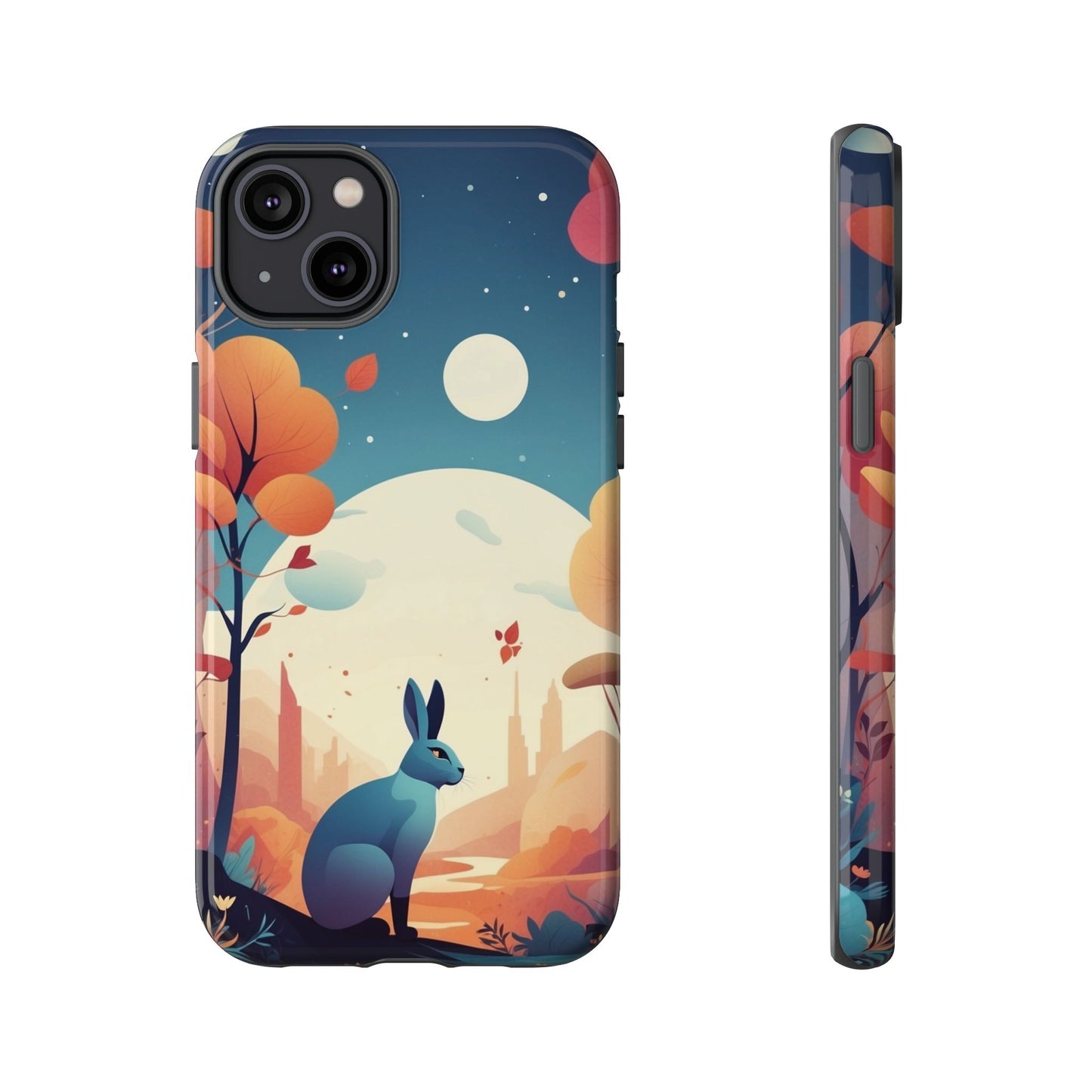 iPhone 14 Plus / Glossy Phone Case - Stylised Blue Hare Design Phone Case