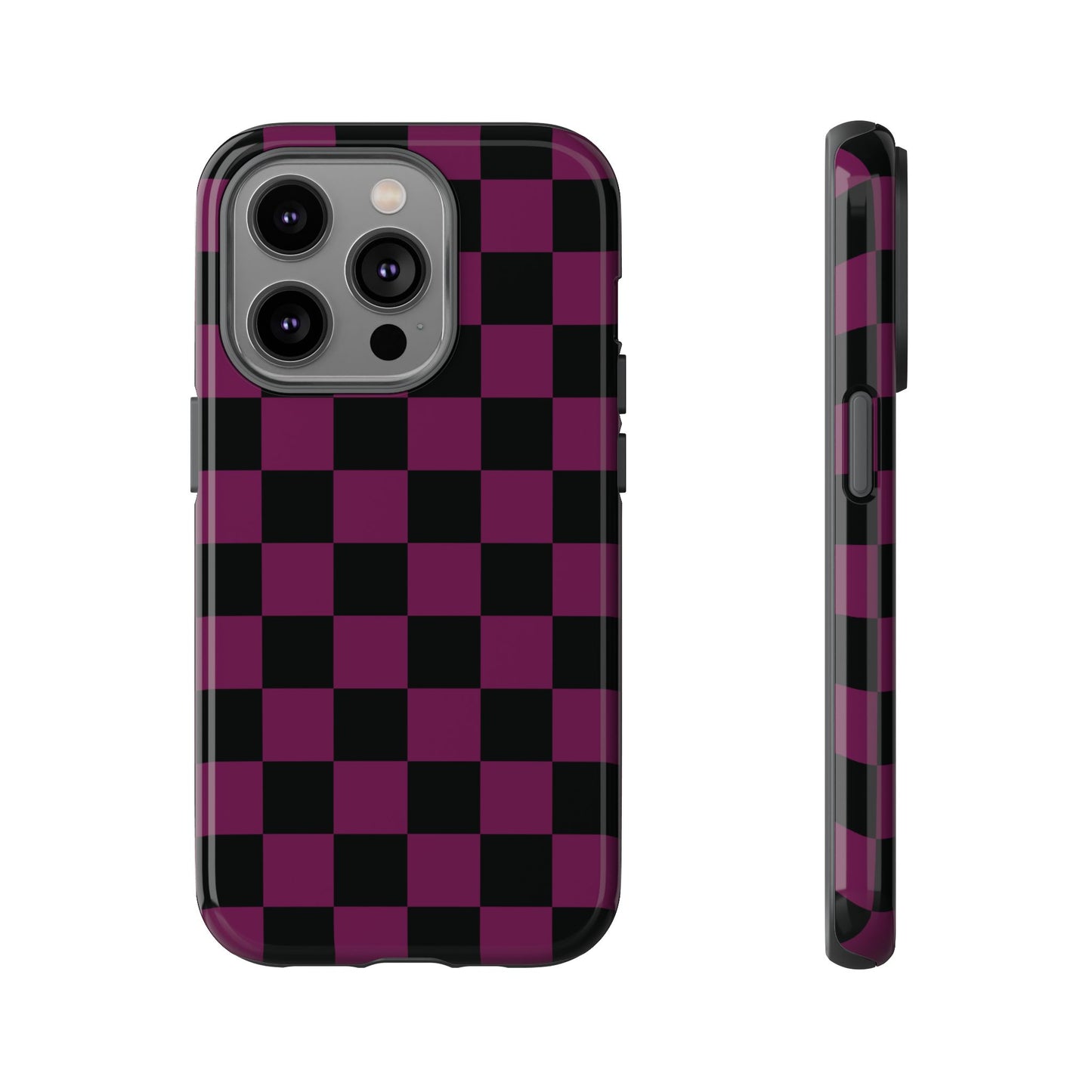 iPhone 14 Pro / Glossy Phone Case - Trendy Plum & Black Checked Pattern Phone Case