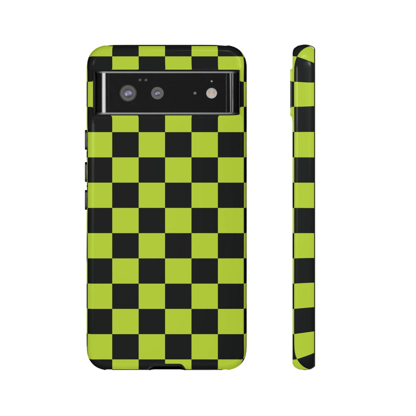 Google Pixel 6 / Glossy Phone Case - Trendy Neon Lime Green & Black Checked Pattern Phone Case