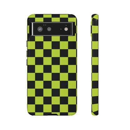 Google Pixel 6 / Glossy Phone Case - Trendy Neon Lime Green & Black Checked Pattern Phone Case
