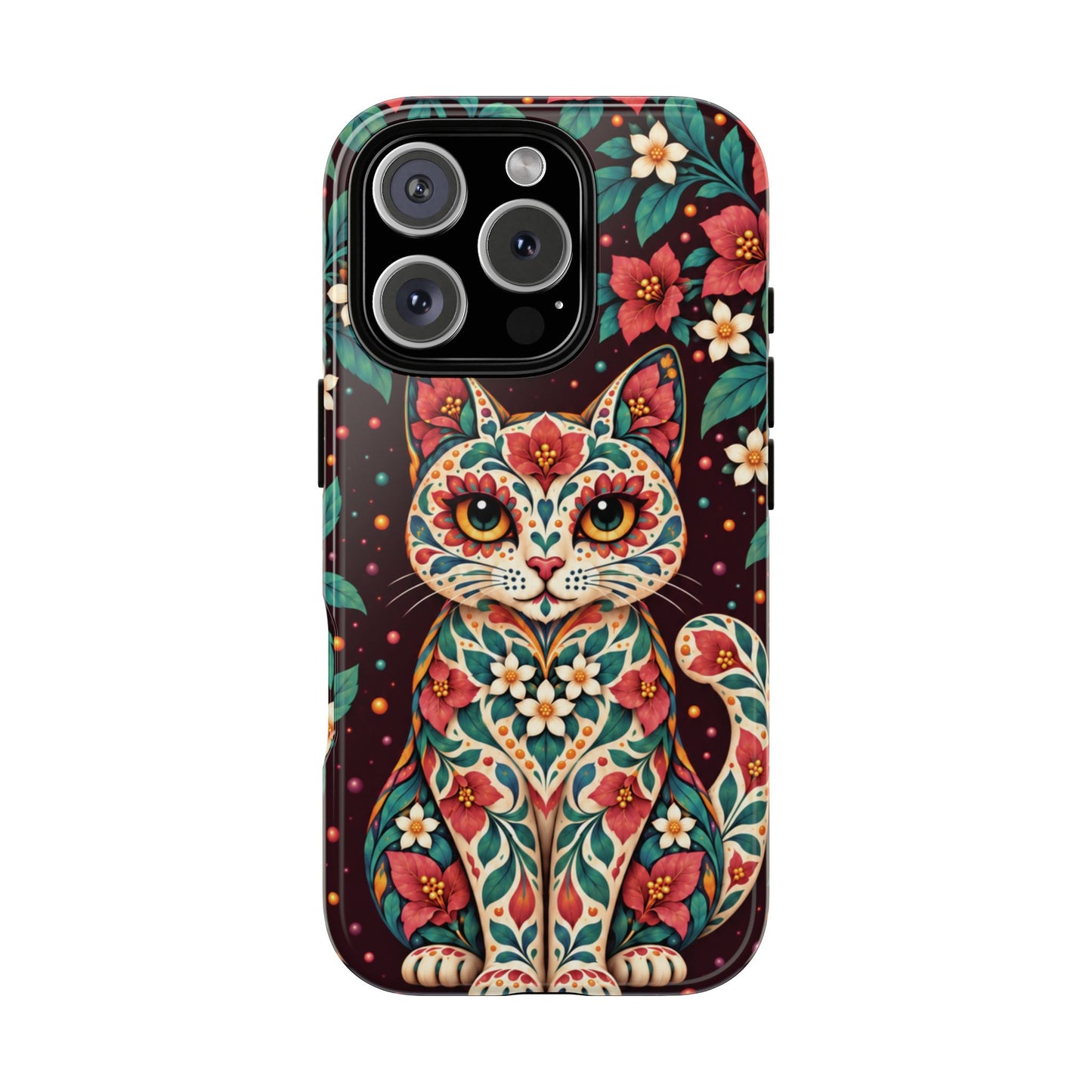 Vibrant Terracotta and Teal Calavera Cat Phone Case - Multicolor Phone Case - iPhone 16 Pro / Glossy