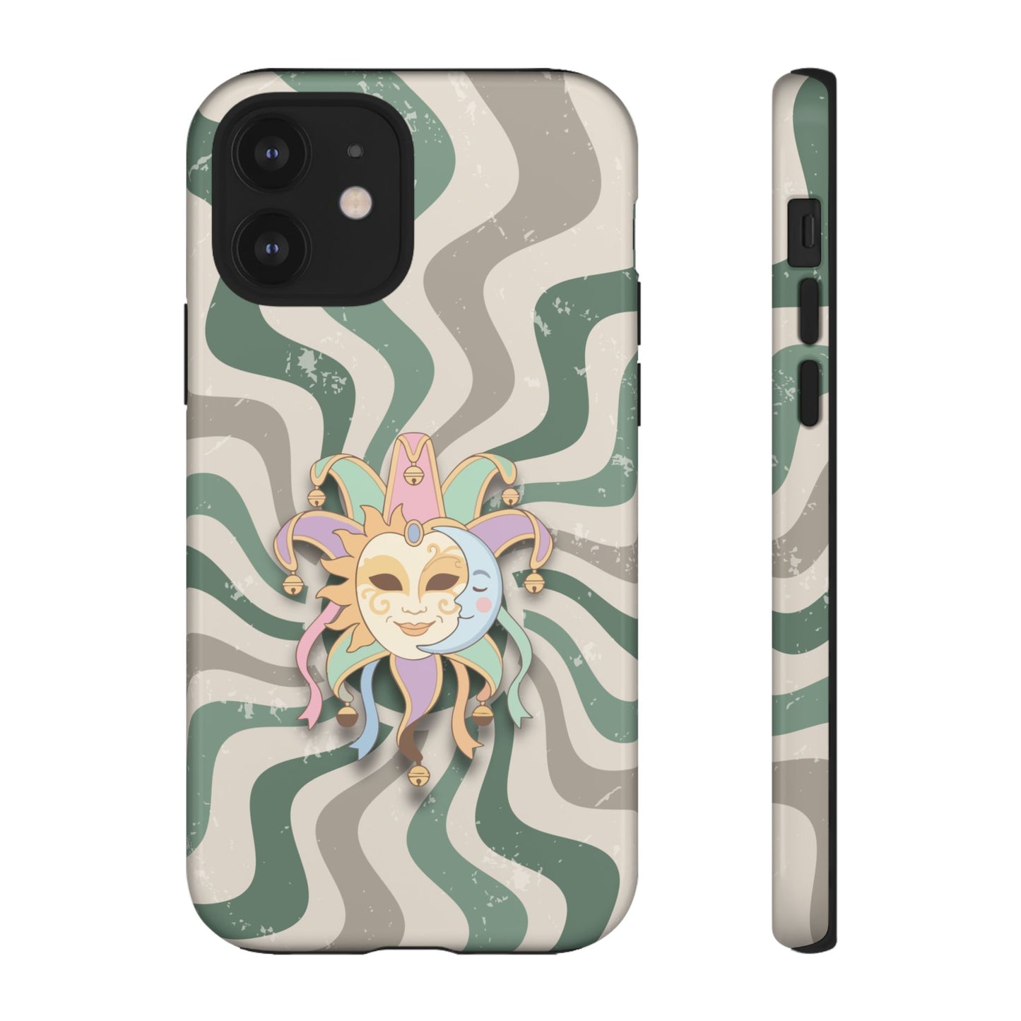 iPhone 12 / Glossy Phone Case - Sun & Moon Jester Mask – Green Retro Wave Phone Case