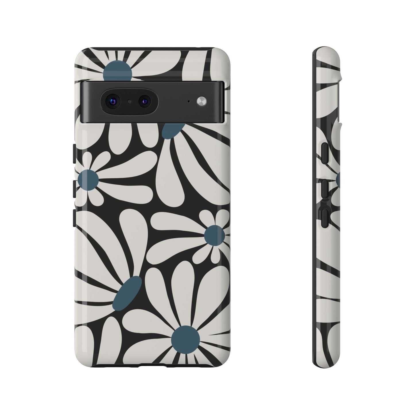 Google Pixel 7 / Glossy Phone Case - Retro Black Daisy Pattern Phone Case