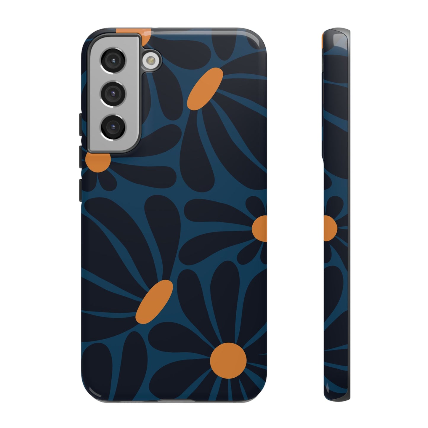 Samsung Galaxy S22 Plus / Glossy Phone Case - ’Dark Blue & Orange Daisy Pattern’ Phone Case