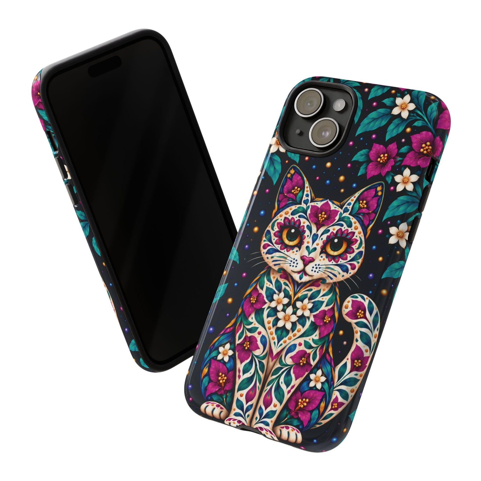 Vibrant Purple and Teal Calavera Cat Phone Case - Multicolor Phone Case