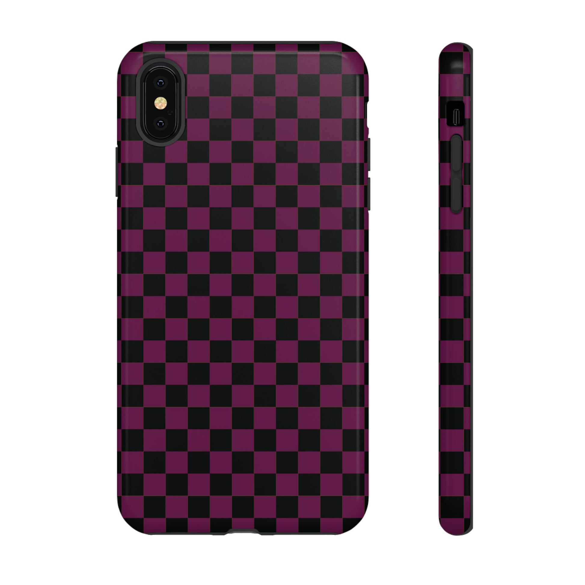 iPhone XS MAX / Glossy Phone Case - Trendy Plum & Black Small Checked Pattern Phone Case