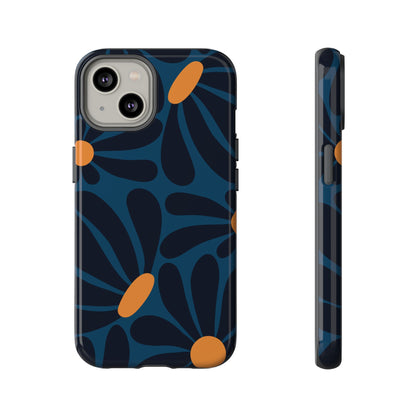 Dark Blue & Orange Daisy Pattern Phone Case - Blue Phone Case - iPhone 14 / Glossy