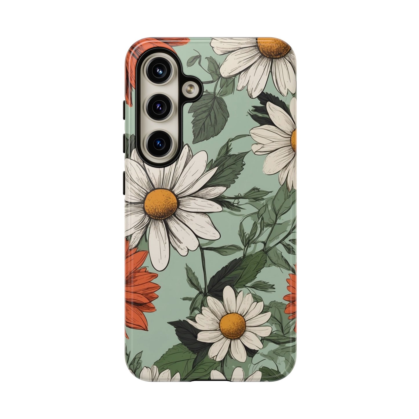 Samsung Galaxy S24 / Glossy Phone Case - Boho Chic Daisies Floral Pattern ’White & Orange’ Phone Case
