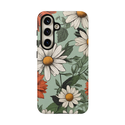 Samsung Galaxy S24 / Glossy Phone Case - Boho Chic Daisies Floral Pattern ’White & Orange’ Phone Case