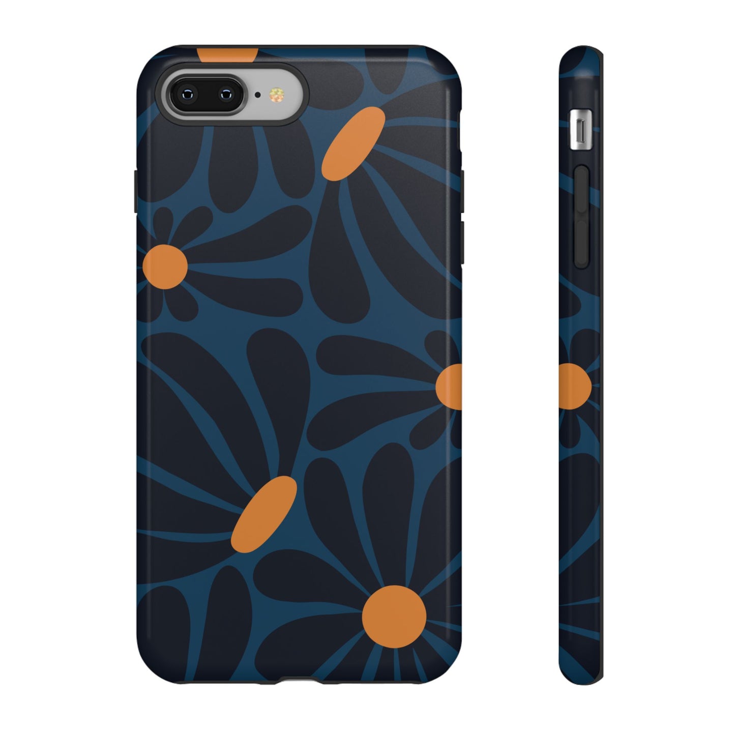 iPhone 8 Plus / Glossy Phone Case - ’Dark Blue & Orange Daisy Pattern’ Phone Case