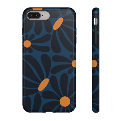 iPhone 8 Plus / Glossy Phone Case - ’Dark Blue & Orange Daisy Pattern’ Phone Case