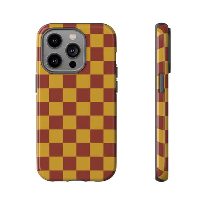 iPhone 14 Pro / Glossy Phone Case - Trendy Mustard & Burgandy Checked Pattern Phone Case