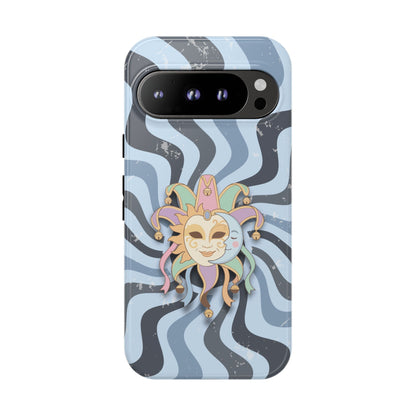 Google Pixel 9 Pro / Glossy Phone Case - Sun & Moon Jester Mask – Blue Retro Wave Phone Case