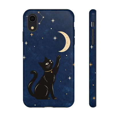 Whimsical Navy Blue Celestial Black Cat Phone Case