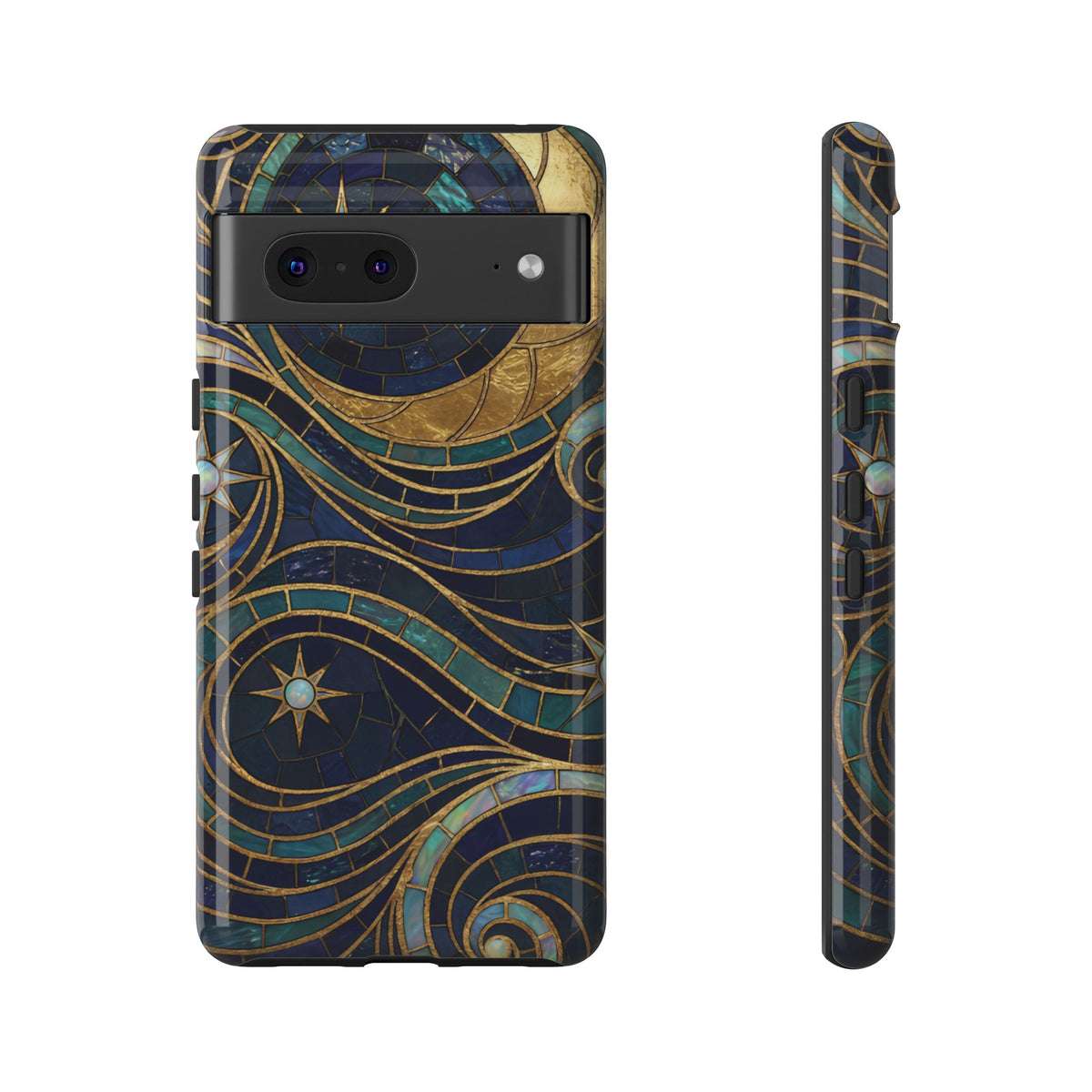 Elegant Navy & Gold Crescent Moon Mosaic Phone Case