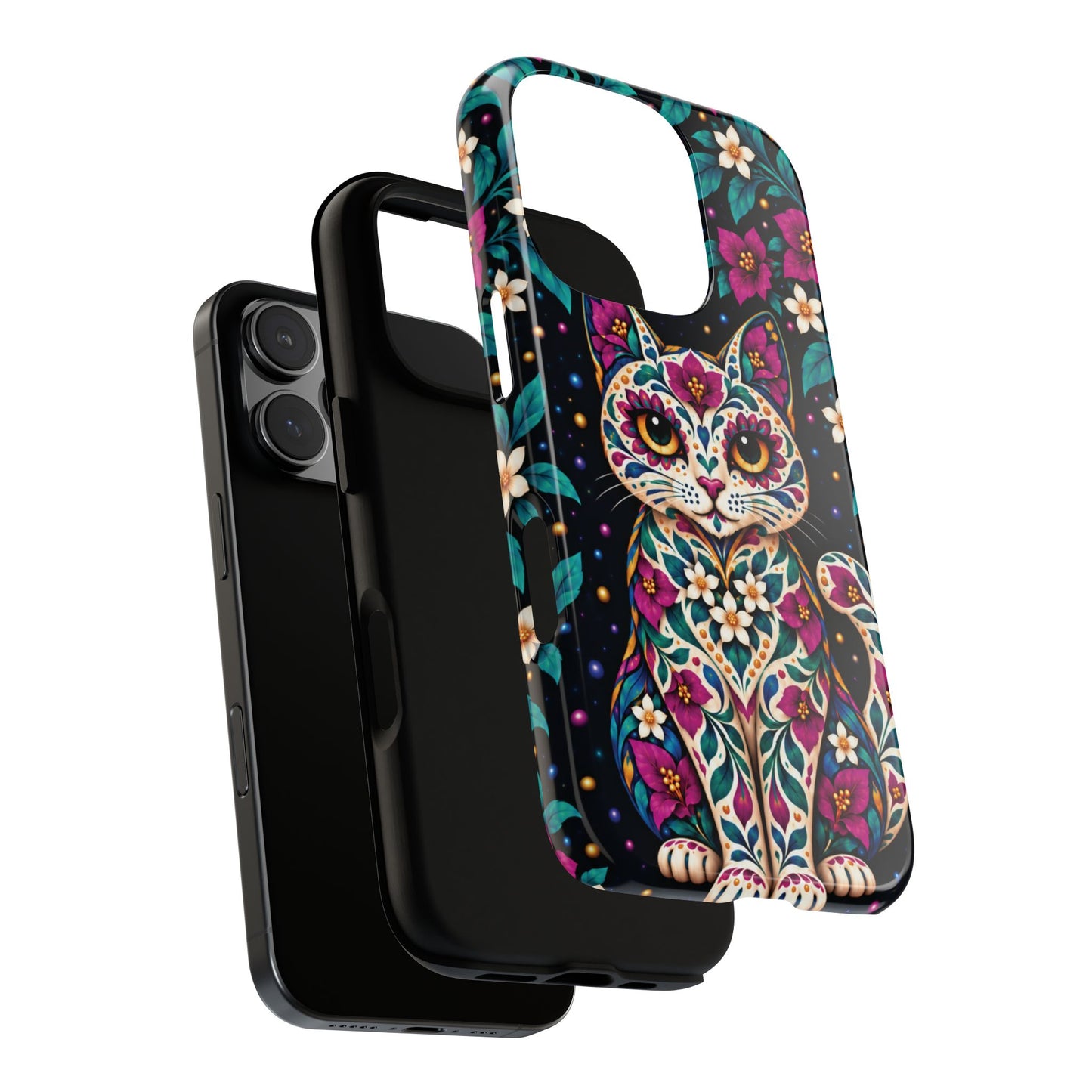 Vibrant Purple and Teal Calavera Cat Phone Case - Multicolor Phone Case