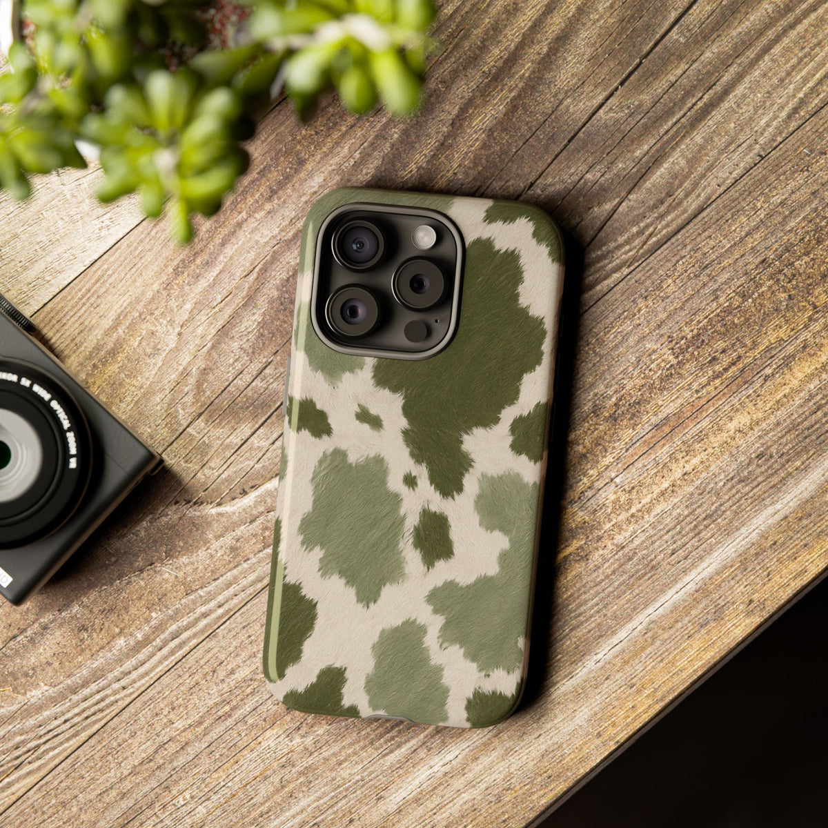 Stylish Olive Green Cow Print Phone Case - Green Phone Case