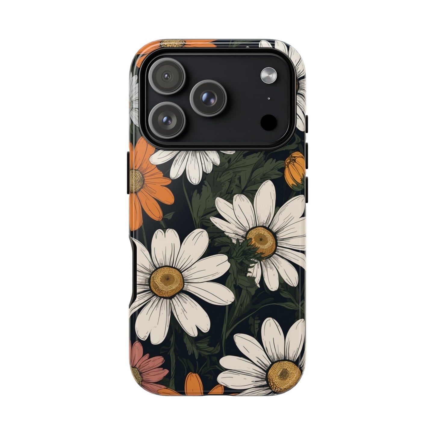 iPhone 17 Pro / Glossy Phone Case - Boho Chic Daisies Floral Pattern ’White Orange & Pink’ Phone Case