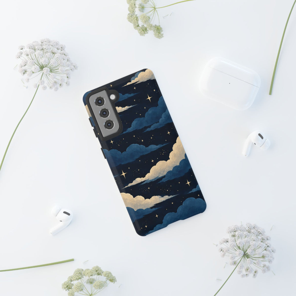 Illustrated Navy Blue Clouds & Stars Phone Case