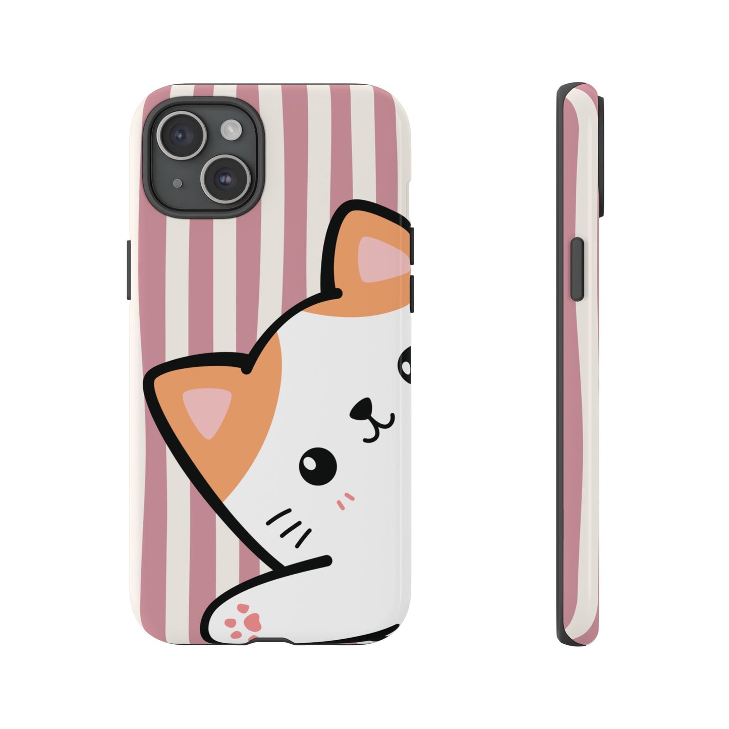 Playful Peakaboo Cat with Pink Stripe Pattern Phone Case - Pink Phone Case - iPhone 15 Plus / Glossy
