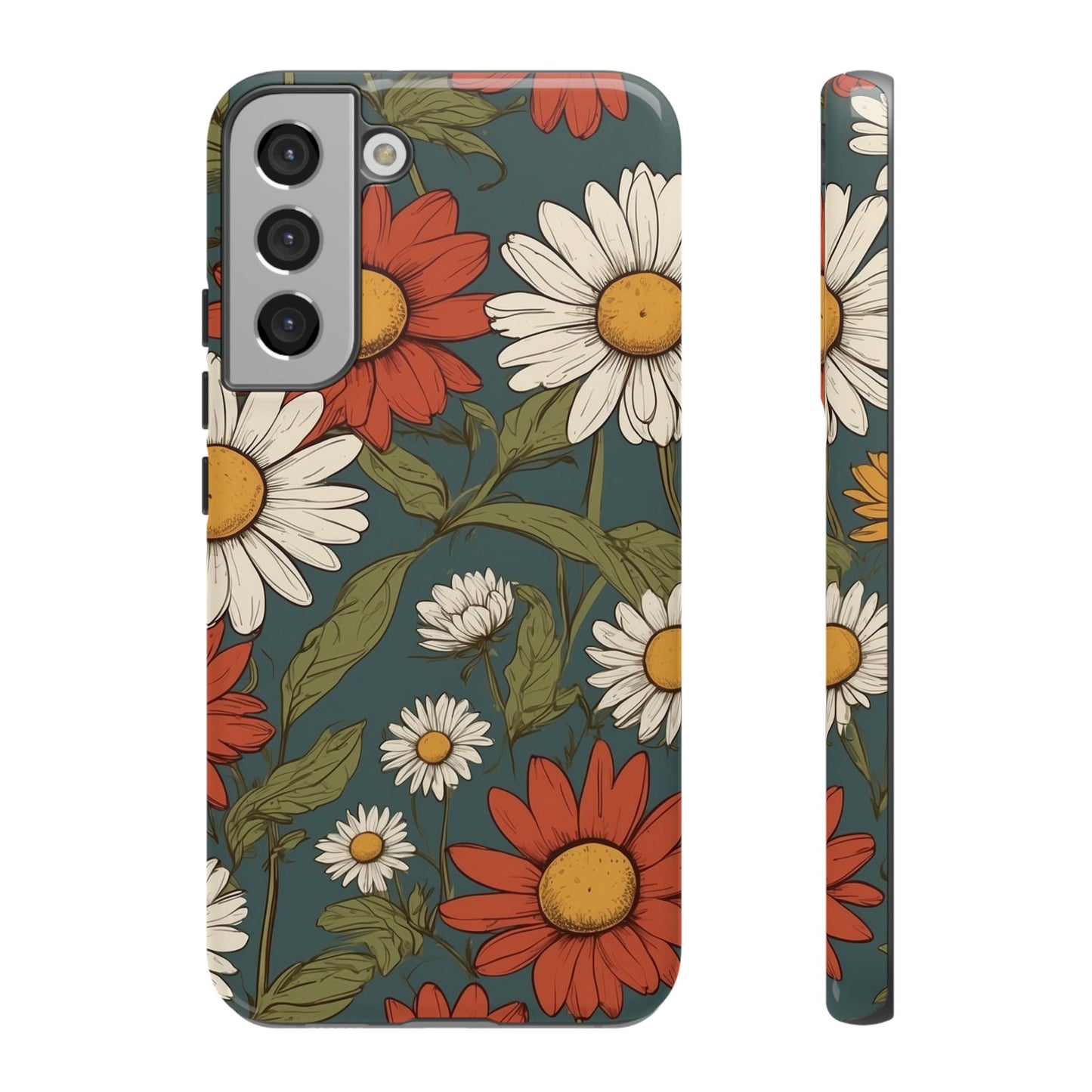 Samsung Galaxy S22 Plus / Glossy Phone Case - Boho Chic Daisies Floral Pattern ’White & Red’ Phone Case