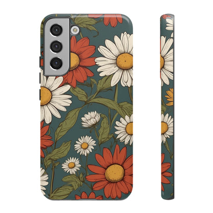 Samsung Galaxy S22 Plus / Glossy Phone Case - Boho Chic Daisies Floral Pattern ’White & Red’ Phone Case