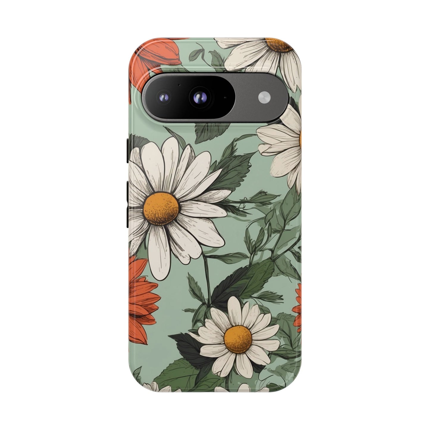 Google Pixel 9 / Glossy Phone Case - Boho Chic Daisies Floral Pattern ’White & Orange’ Phone Case