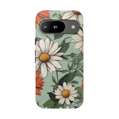 Google Pixel 9 / Glossy Phone Case - Boho Chic Daisies Floral Pattern ’White & Orange’ Phone Case