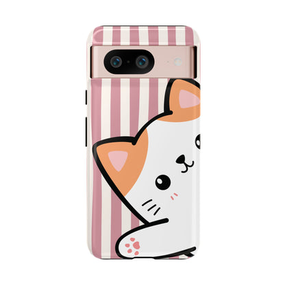 Playful Peakaboo Cat with Pink Stripe Pattern Phone Case - Pink Phone Case - Google Pixel 8 / Glossy