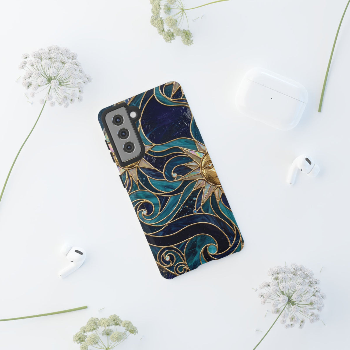 Elegant Teal & Gold Celestial Suns Phone Case