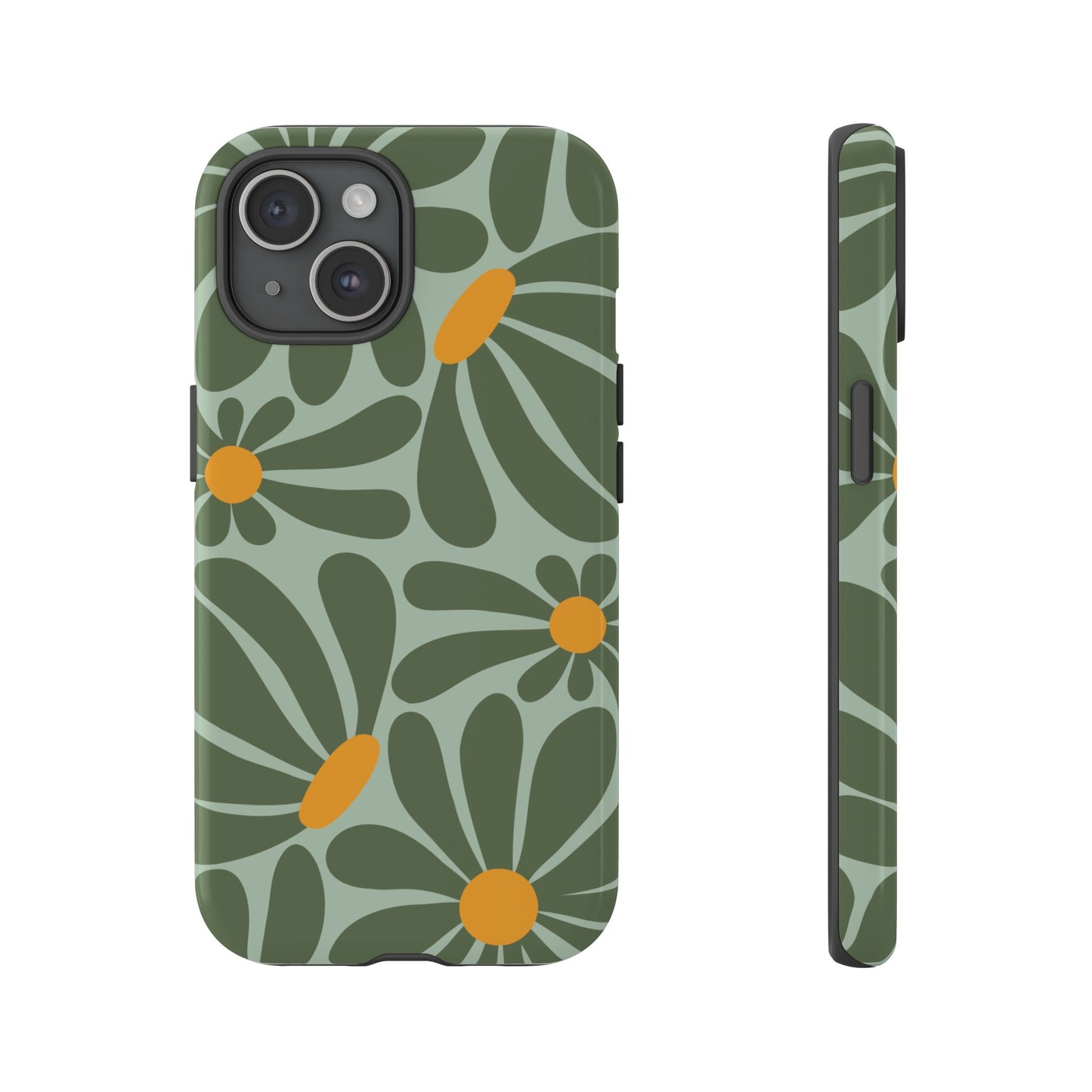 iPhone 15 / Glossy Phone Case - Retro Green Daisy Pattern Phone Case