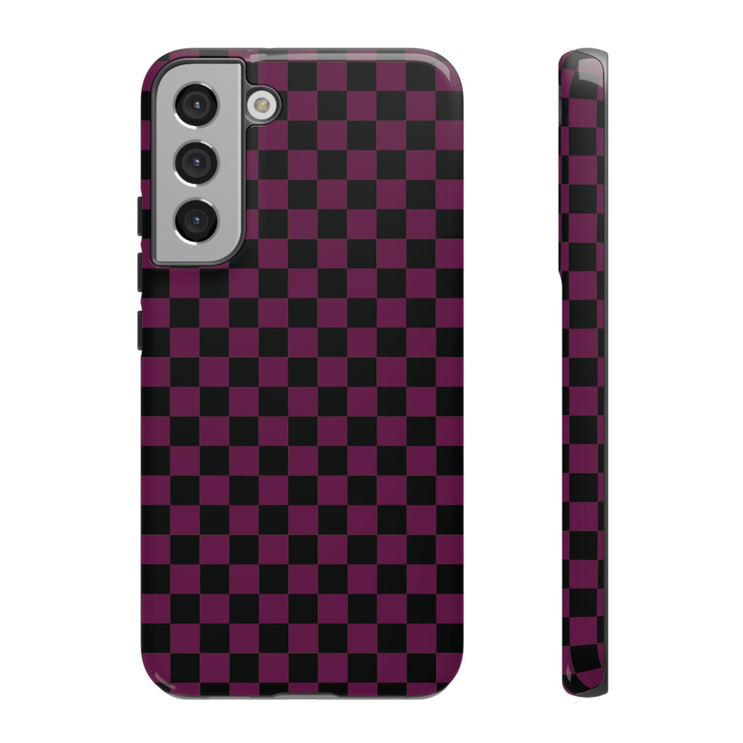 Samsung Galaxy S22 Plus / Glossy Phone Case - Trendy Plum & Black Small Checked Pattern Phone Case