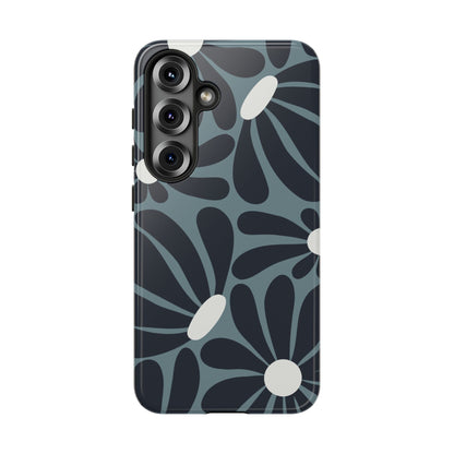 Samsung Galaxy S25 / Glossy Phone Case - ’Retro Navy Blue & White Daisy Pattern’ Phone Case