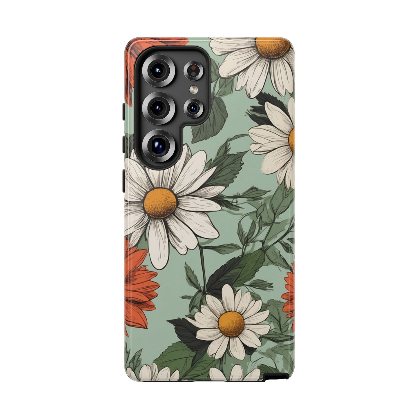Samsung Galaxy S25 Ultra / Glossy Phone Case - Boho Chic Daisies Floral Pattern ’White & Orange’ Phone Case
