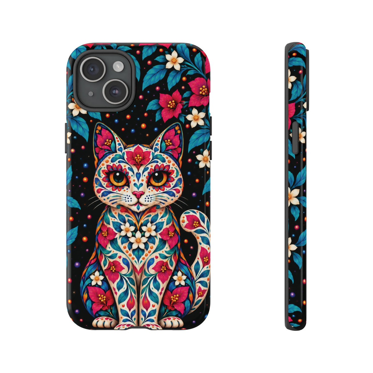 Vibrant Pink and Turquoise Calavera Cat Phone Case - Multicolor Phone Case - iPhone 15 Plus / Glossy