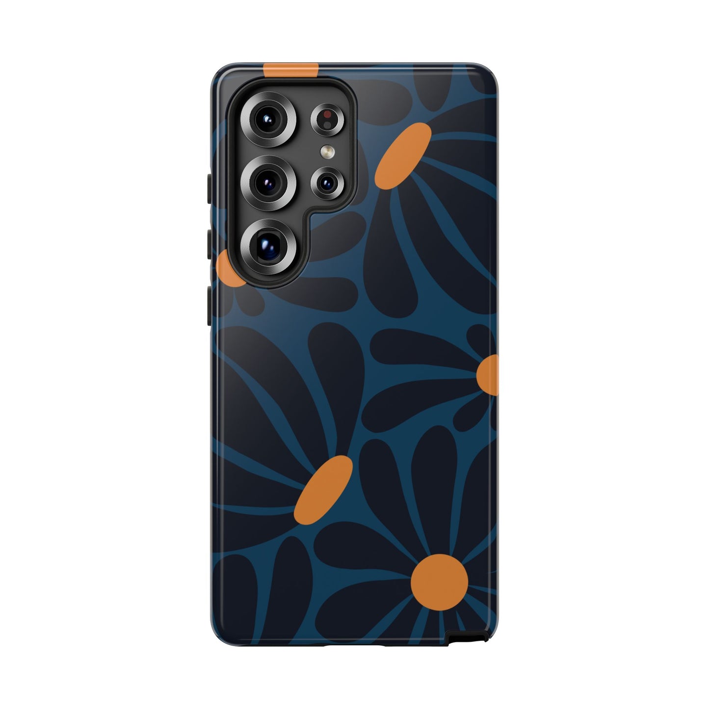 Samsung Galaxy S25 Ultra / Glossy Phone Case - ’Dark Blue & Orange Daisy Pattern’ Phone Case